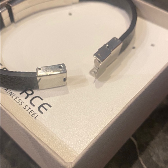 EDFORCE Black Leather Bracelet with Stainless Steel And Diamond Accents - Picture 4 of 8